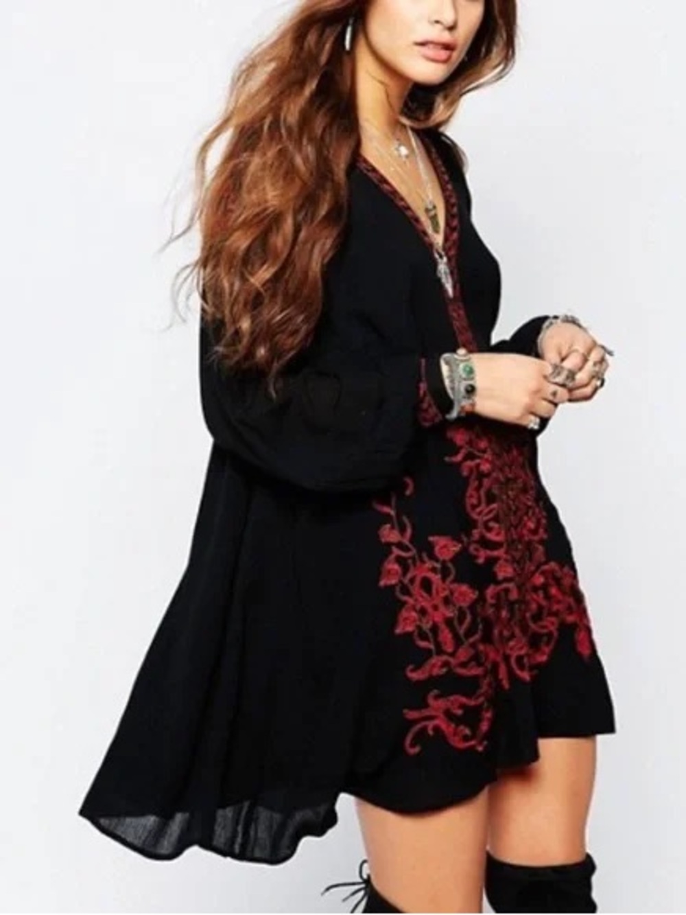Free People Black Embroidered Tunic Mini Dress Boho Sheer V-Neck Long Sleeve XS